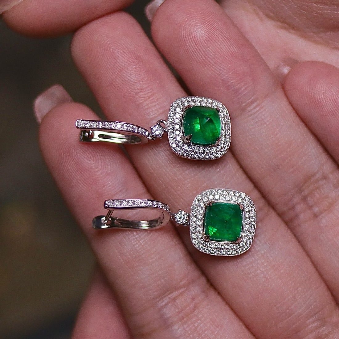 14k Gold 4.81 Ctw Natural Emerald & Diamond Earrings - 2