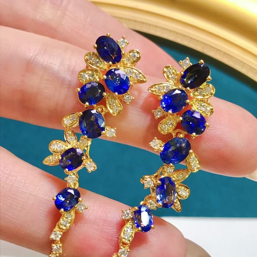 14k Gold 6.52 Ctw Natural Sapphire & Diamond Earrings - 2