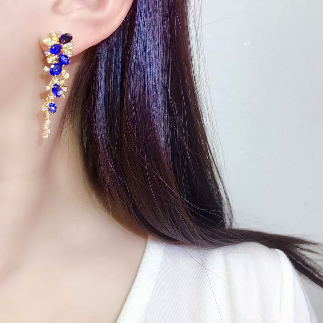14k Gold 6.52 Ctw Natural Sapphire & Diamond Earrings - 4