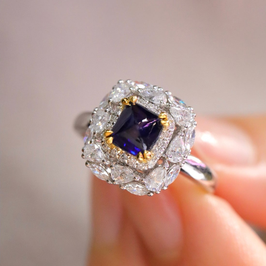 14k Gold 1.16 Ct Natural Sapphire & Diamond Ring: Ref:231019206 // gold content:14k gold // ring size:7. 25us // // main gemstone:sapphire // shape:suger-loaf // carat weight:1. 16ct // color:blue // treatment:natural // // adjacent gemstone 2 :