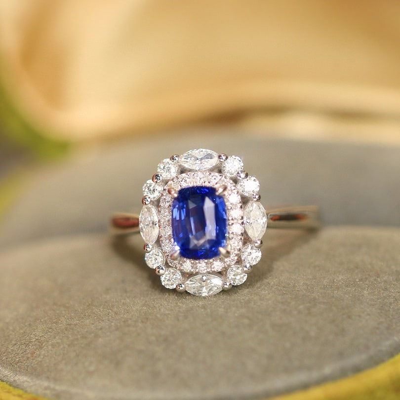 14k Gold 2.39 Ctw Natural Sapphire & Diamond Ring: Ref:231019208 // gold content:14k gold // ring size:7. 25us // // main gemstone:sapphire // shape:cushion // carat weight:1. 72ct // color:blue // treatment:natural // // adjacent gemstone 2 : diamond