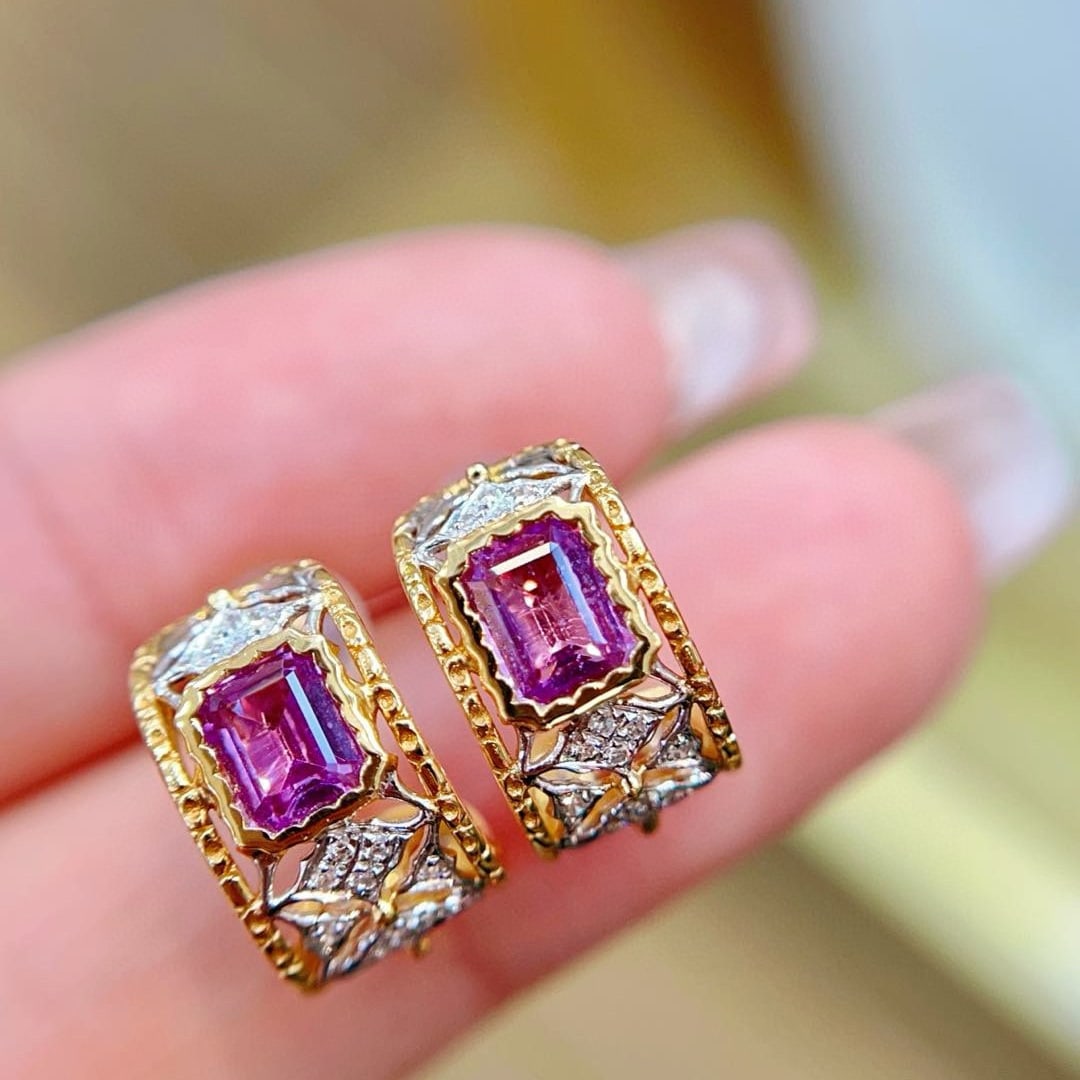 14k Gold 1.39 Ctw Natural Sapphire & Diamond Earrings - 2