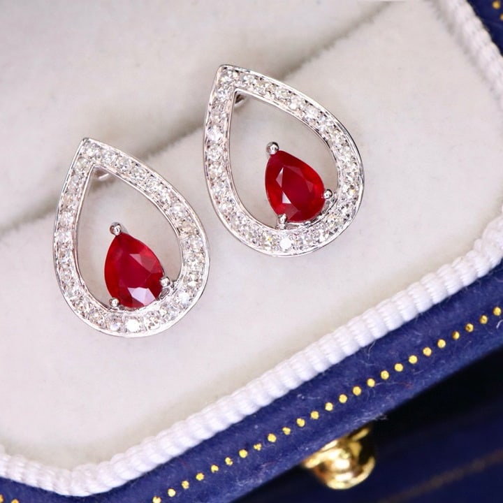 14k Gold 0.78 Ctw Natural Ruby & Diamond Earrings - 4