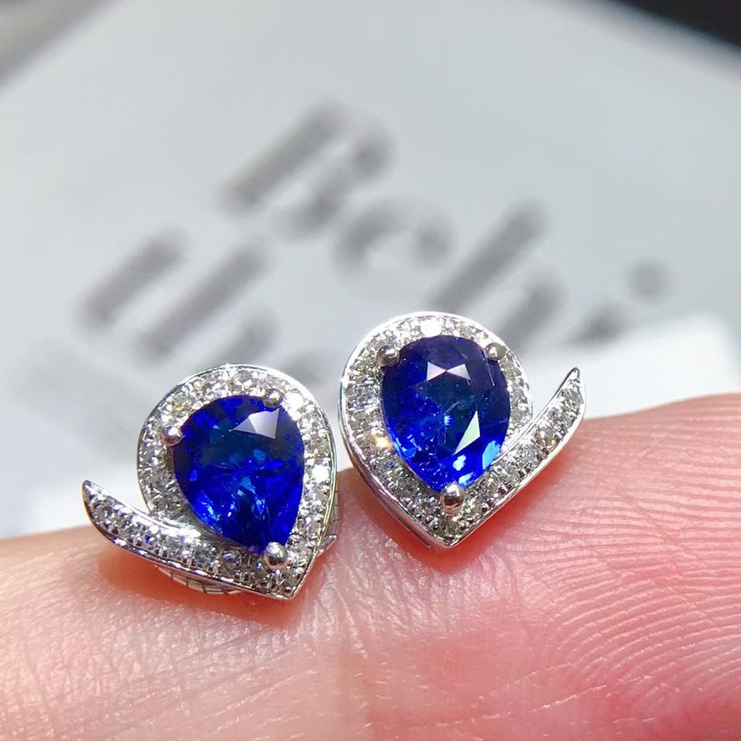 14k Gold 1.55 Ctw Natural Sapphire & Diamond Earrings - 2