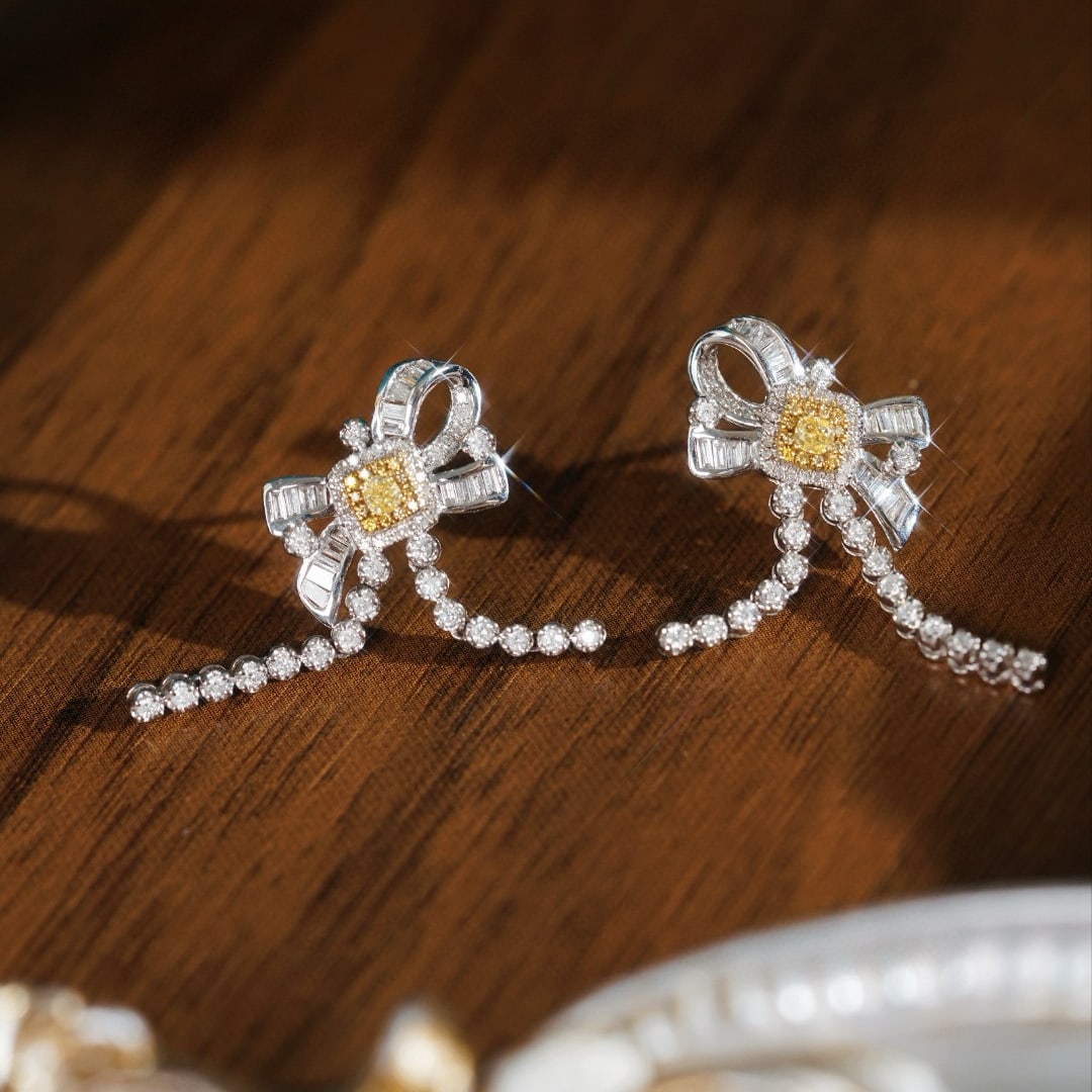 14k Gold 0.86 Ctw Natural Yellow Diamond & Diamond Earrings - 3