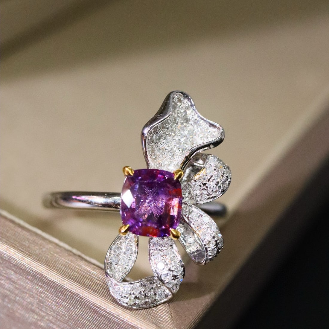 14k Gold 1.62 Ctw Natural Sapphire & Diamond Ring: Ref:231019258 // gold content:14k gold // ring size:7. 25us // // main gemstone:sapphire // shape:cushion // carat weight:1. 29ct // color:purple // treatment:natural // // adjacent gemstone 2 :