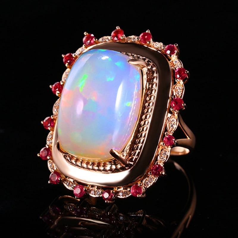 14k Gold 13.19 Ctw Natural Opal & Diamond Ring - 2