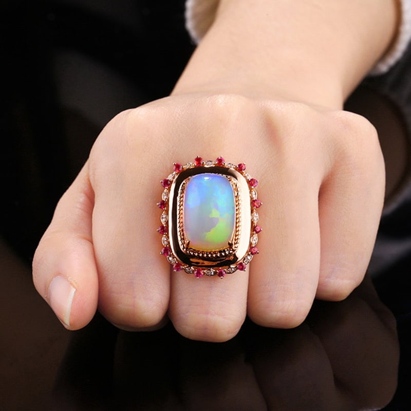 14k Gold 13.19 Ctw Natural Opal & Diamond Ring - 4