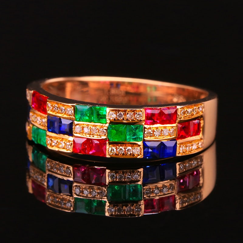 14k Gold 1.93 Ctw Natural Ruby & Sapphire & Emerald & Diamond Ring - 2