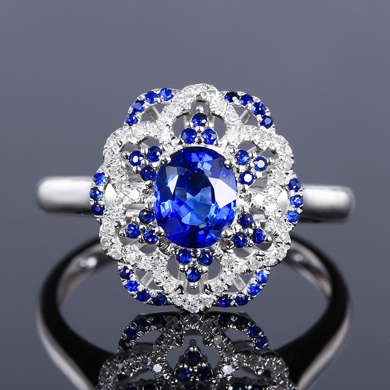 14k Gold 0.89 Ct Natural Sapphire & Diamond Ring: Ref:231020005 // gold content:14k gold // ring size:7. 25us // // main gemstone:sapphire // shape:multiply // carat weight:0. 89ct // color:blue // treatment:natural // // adjacent gemstone 2 :