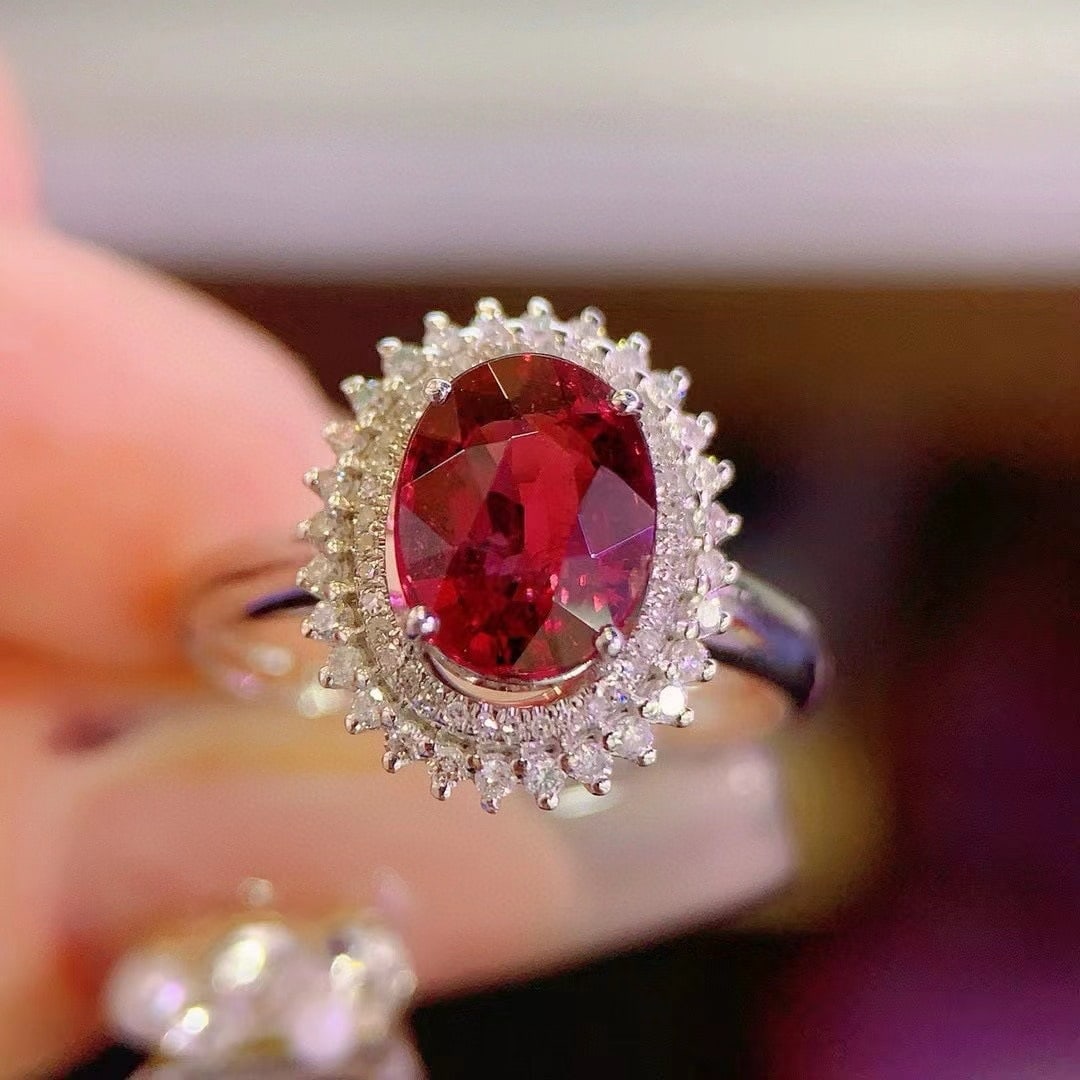 14k Gold 2.2 Ct Natural Tourmaline & Diamond Ring: Ref:231020022 // gold content:14k gold // ring size:7. 25us // // main gemstone:tourmaline // shape:oval // carat weight:2. 2ct // color:red // treatment:natural // // adjacent gemstone 2 : diamond