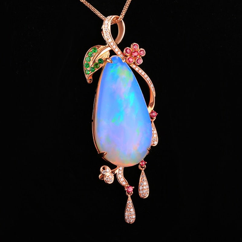 14k Gold 24.82 Ctw Natural Opal & Diamond Pendant( Without Chain ) - 2