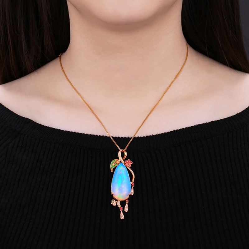14k Gold 24.82 Ctw Natural Opal & Diamond Pendant( Without Chain ) - 4