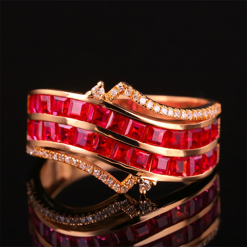 14k Gold 2.57 Ctw Natural Ruby & Diamond Ring: Ref:231020039 // gold content:14k gold // ring size:7. 25us // // main gemstone:ruby // shape:square // carat weight:2. 45ct // color:red // treatment:natural // // adjacent gemstone 2 : diamond // sh
