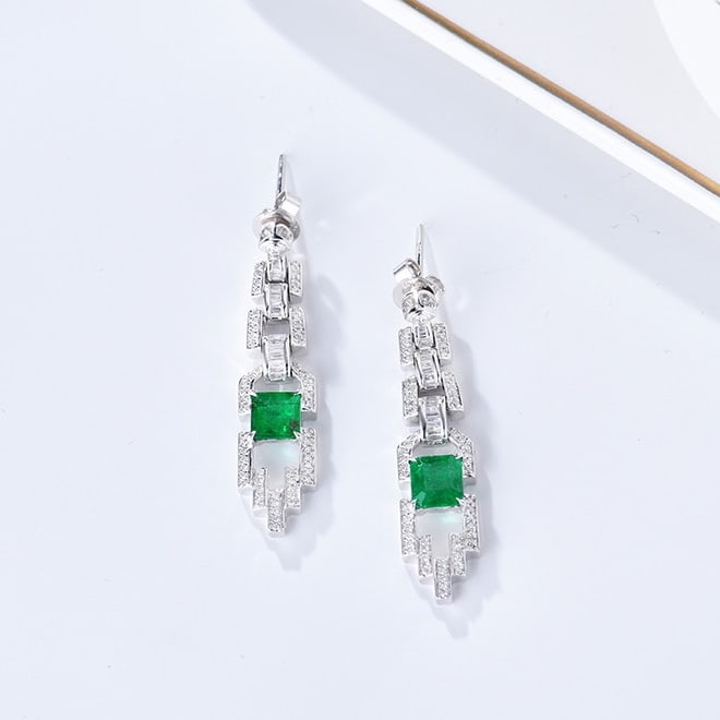 14k Gold 1.85 Ctw Vivid Green Natural Emerald & Diamond Earrings - 2