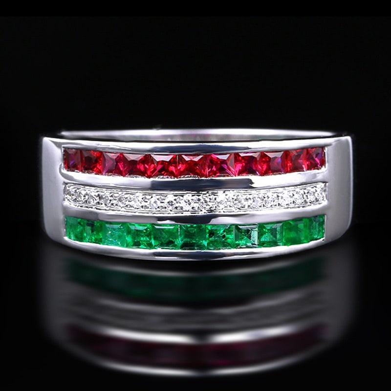 14k Gold 0.90 Ctw Natural Ruby & Emerald & Diamond Ring: Ref:231020070 // gold content:14k gold // ring size:7. 25us // // main gemstone:ruby & emerald // shape:square // carat weight:0. 85ct // color:color // treatment:natural // // adjacent gemstone 2 :