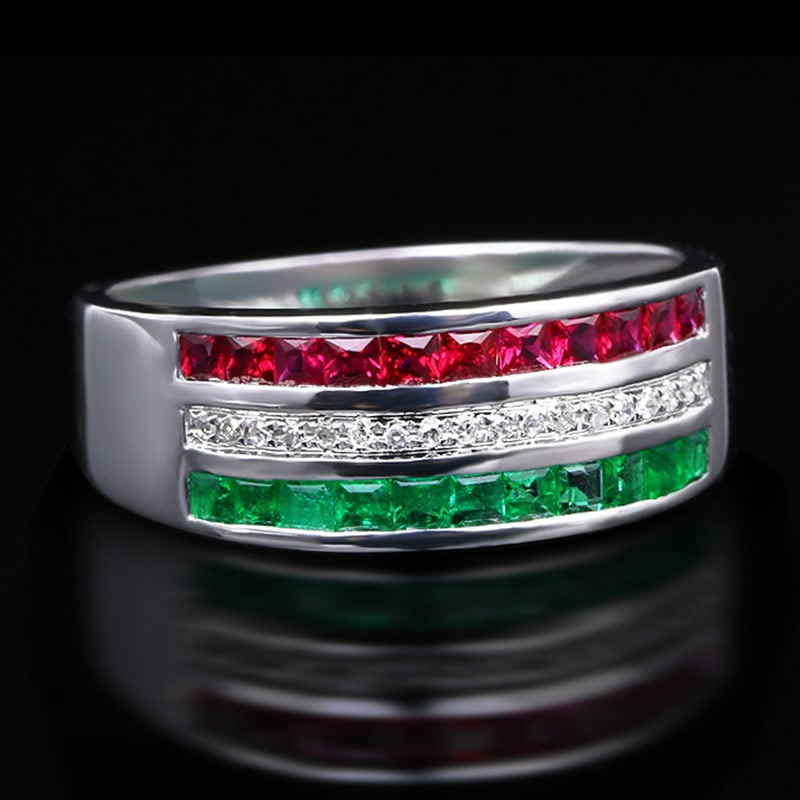 14k Gold 0.90 Ctw Natural Ruby & Emerald & Diamond Ring - 2