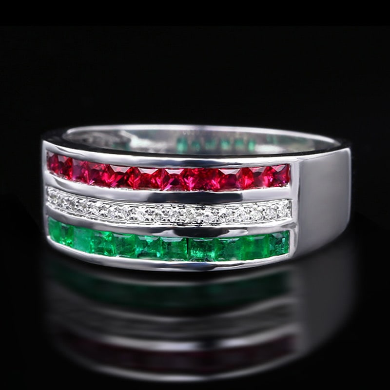 14k Gold 0.90 Ctw Natural Ruby & Emerald & Diamond Ring - 3
