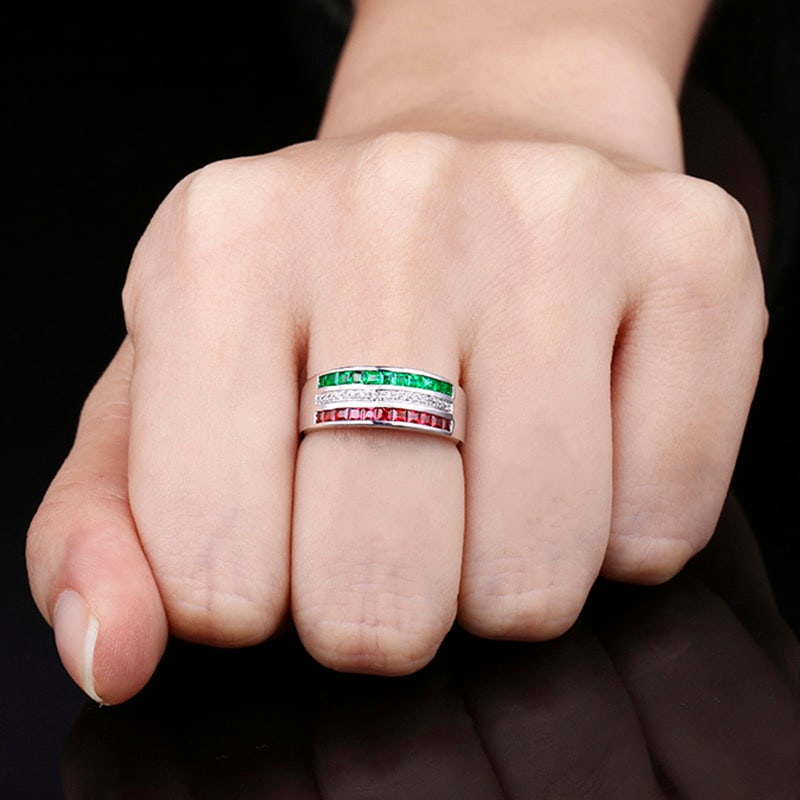 14k Gold 0.90 Ctw Natural Ruby & Emerald & Diamond Ring - 4