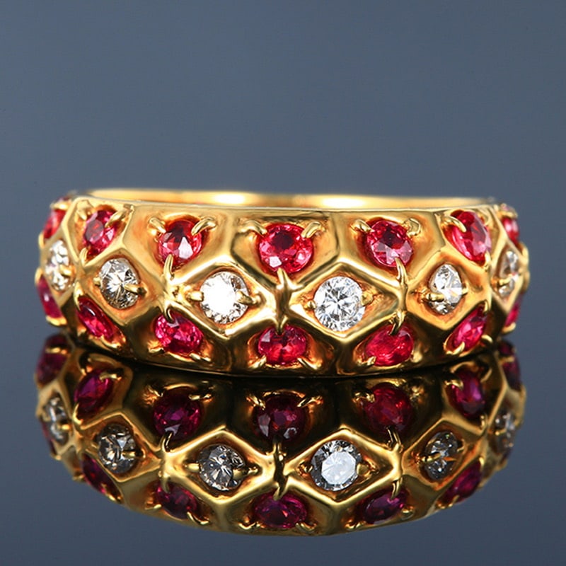 14k Gold 1.01 Ct Natural Ruby & Diamond Ring: Ref:231020096 // gold content:14k gold // ring size:7. 25us // // main gemstone:ruby // shape:round // carat weight:1. 01ct // color:red // treatment:natural // cut grade:g // // adjacent gemstone 2