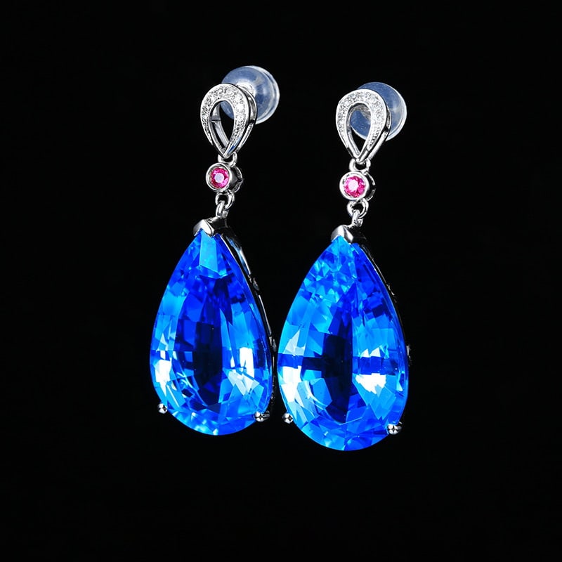 14k Gold 22.43 Ct Natural Topaz & Diamond & Ruby Earrings - 3