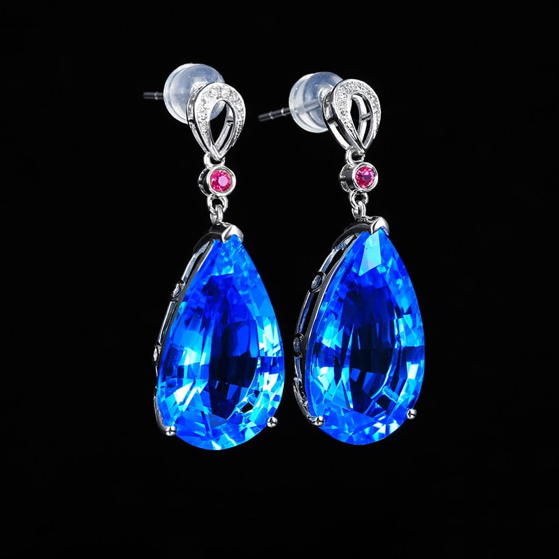 14k Gold 22.43 Ct Natural Topaz & Diamond & Ruby Earrings - 4
