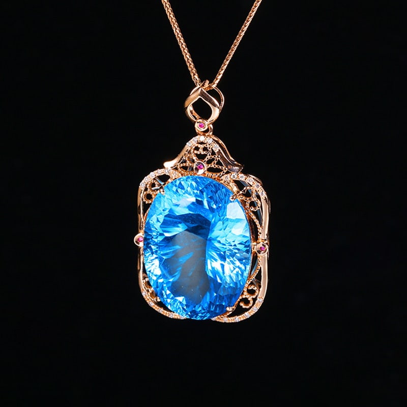 14k Gold 31.39 Ct Natural Topaz & Diamond & Ruby Pendant( Without Chain ) - 2