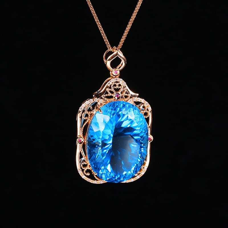 14k Gold 31.39 Ct Natural Topaz & Diamond & Ruby Pendant( Without Chain ) - 3