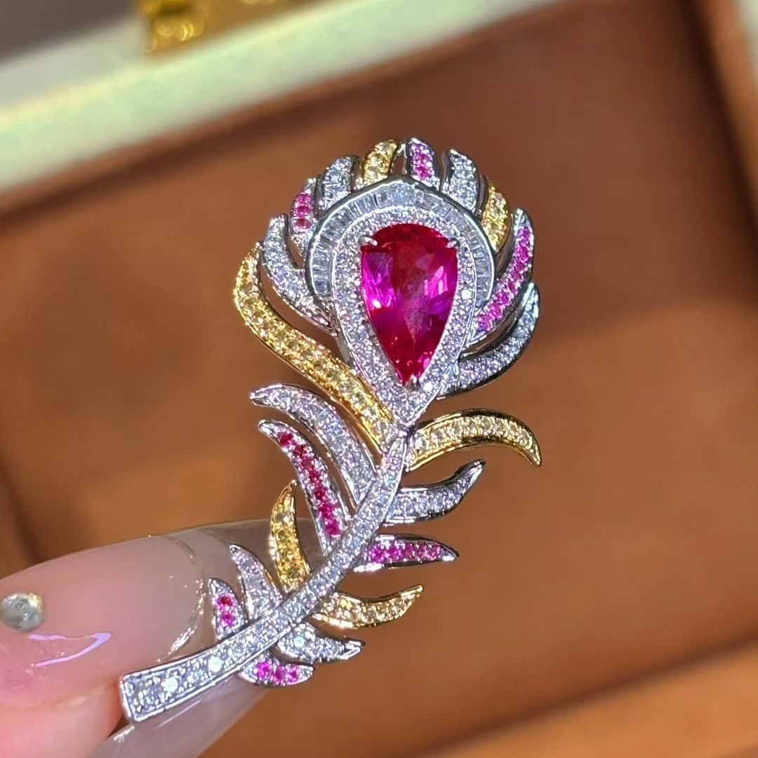 14k Gold 1.1 Ct Natural Ruby & Diamond Brooch/pendant( Without Chain ): Ref:231020105 // gold content:14k gold // main gemstone:ruby // shape:pear // carat weight:1. 1ct // color:red // treatment:natural // // adjacent gemstone 2 : diamond // shape:multiply // clarity