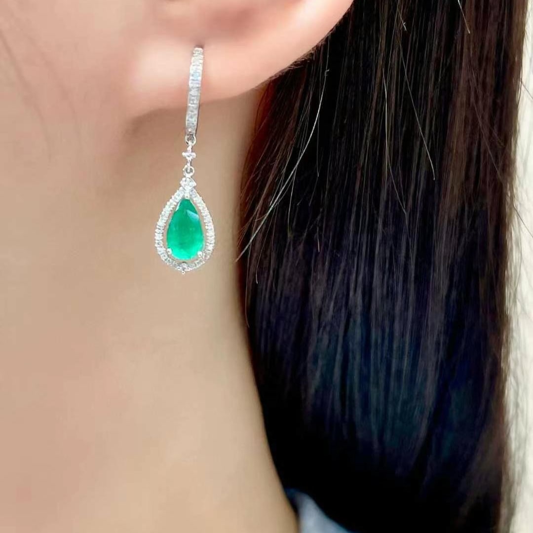 14k Gold 1.35 Ct Vivid Green Natural Emerald & Diamond Earrings - 5