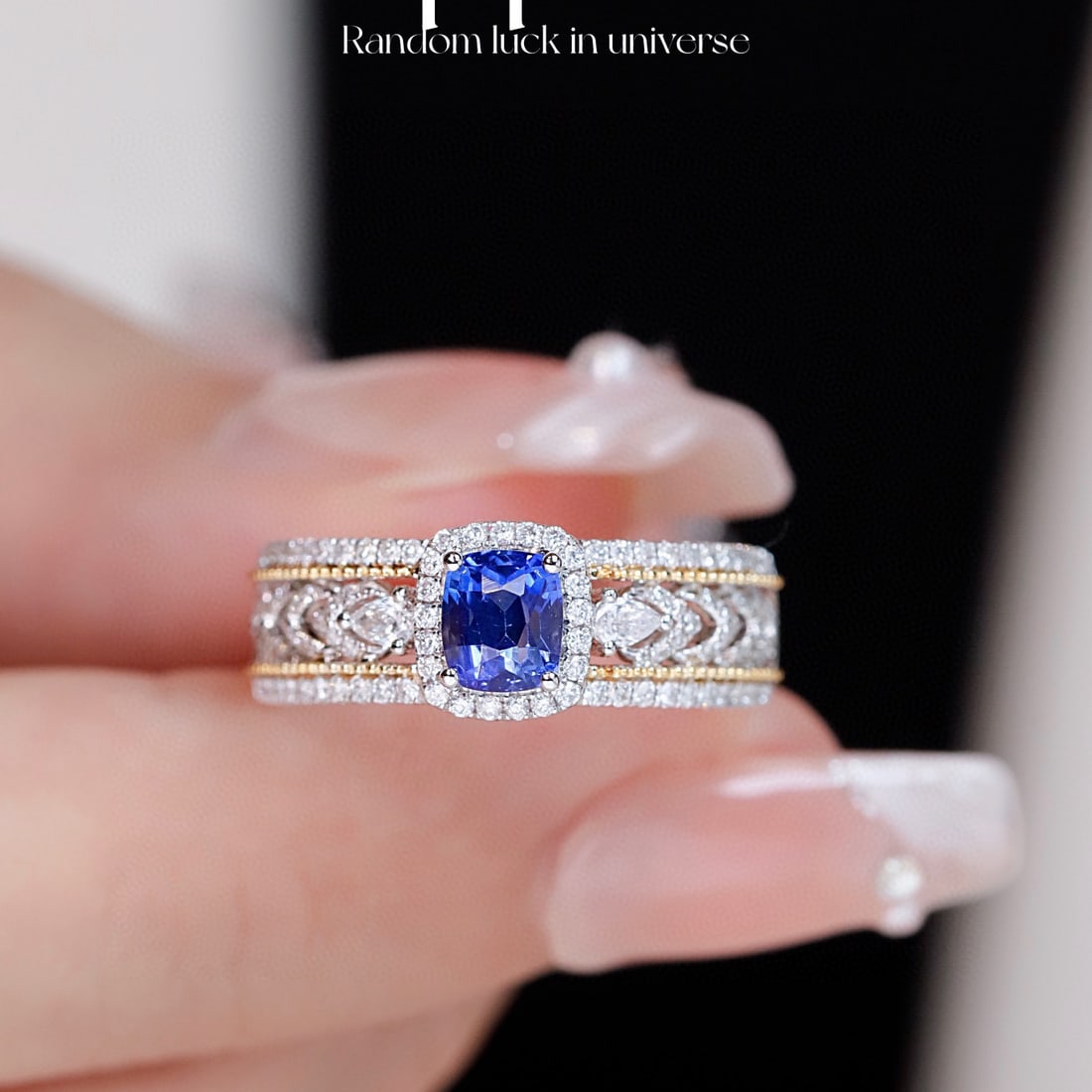 14k Gold 1.13 Ctw Natural Sapphire & Diamond Ring: Ref:231020109 // gold content:14k gold // ring size:7. 25us // // main gemstone:sapphire // shape:cushion // carat weight:0. 73ct // color:blue // treatment:natural // // adjacent gemstone 2 :