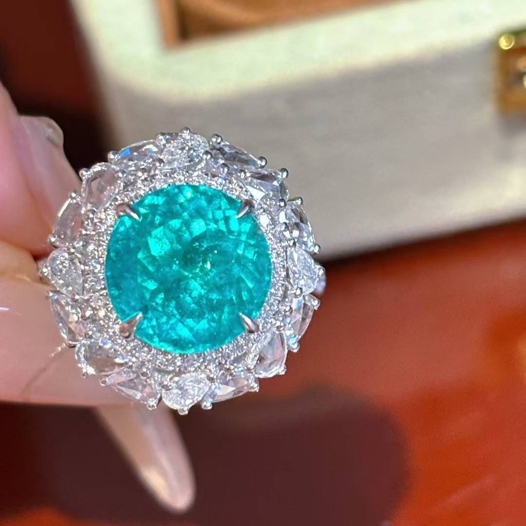 14k Gold 5.35 Ctw Natural Paraiba Tourmaline & Diamond Ring/pendant( Without Chain ): Ref:231020114 // gold content:14k gold // ring size:7. 25us // // main gemstone:paraiba tourmaline // shape:round // carat weight:4. 15ct // color:blue // treatment:natural // cut grade:g // //