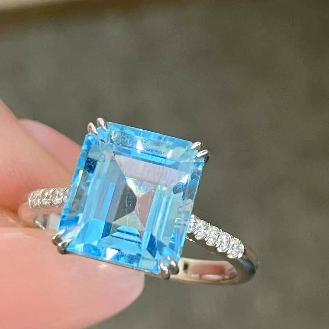 14k Gold 3.95 Ct Natural Aquamarine & Diamond Ring - 6