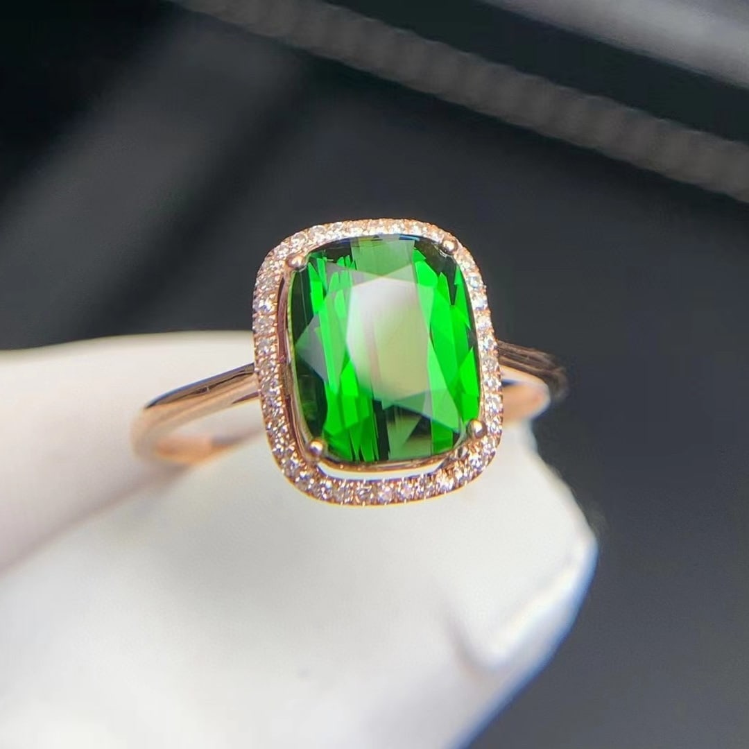 14k Gold 2.2 Ct Natural Tourmaline & Diamond Ring: Ref:231020125 // gold content:14k gold // ring size:7. 25us // // main gemstone:tourmaline // shape:cushion // carat weight:2. 2ct // color:green // treatment:natural // // adjacent gemstone 2 :
