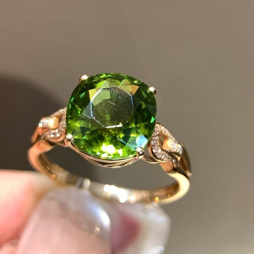 14k Gold 3.7 Ct Natural Tourmaline & Diamond Ring: Ref:231020128 // gold content:14k gold // ring size:7. 25us // // main gemstone:tourmaline // shape:cushion // carat weight:3. 7ct // color:green // treatment:natural // // adjacent gemstone 2 :