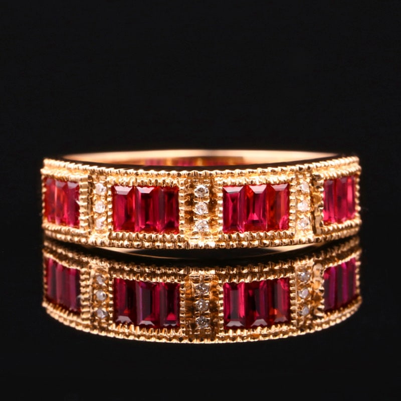14k Gold 0.72 Ctw Natural Ruby & Diamond Ring: Ref:231020136 // gold content:14k gold // ring size:7. 25us // // main gemstone:ruby // shape:rectangle // carat weight:0. 7ct // color:red // treatment:natural // // adjacent gemstone 2 : diamond //
