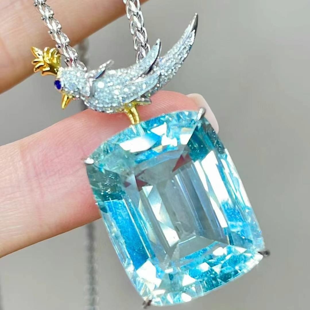 14k Gold 19 Ct Natural Aquamarine & Diamond Pendant( Without Chain ) - 2