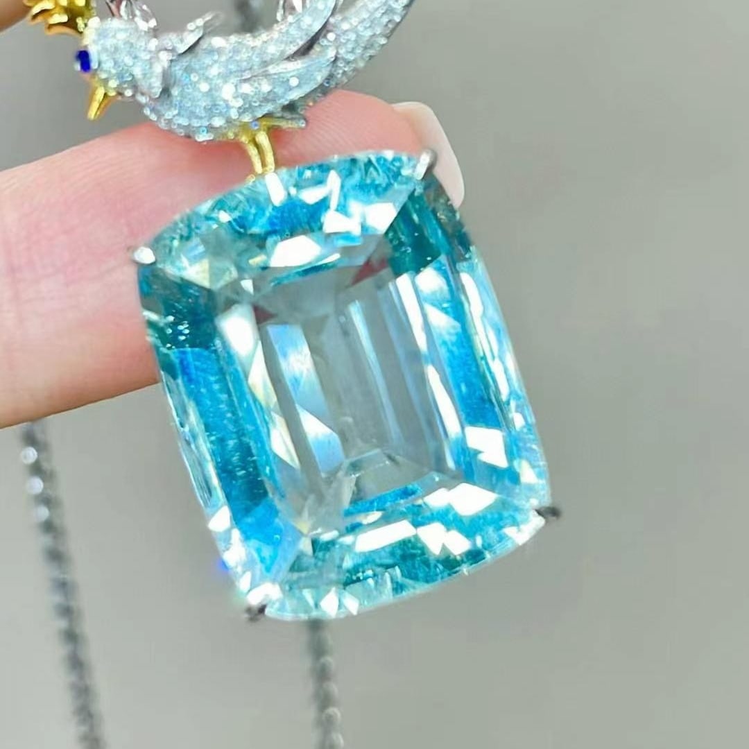 14k Gold 19 Ct Natural Aquamarine & Diamond Pendant( Without Chain ) - 4