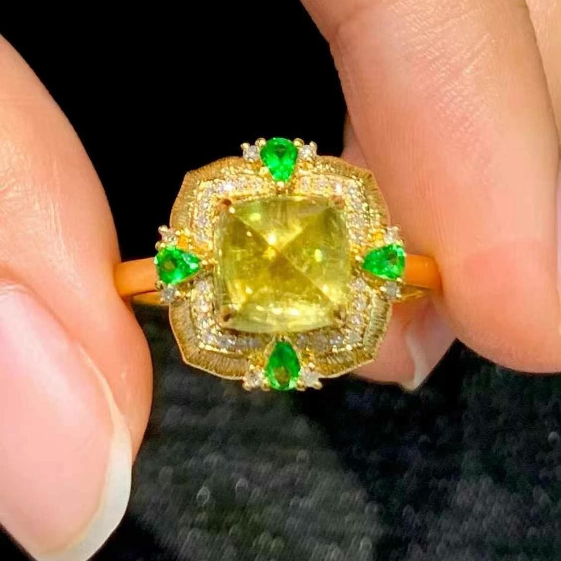 14k Gold 2.4 Ct Natural Tourmaline & Diamond Ring: Ref:231020158 // gold content:14k gold // ring size:7. 25us // // main gemstone:tourmaline // shape:suger-loaf // carat weight:2. 4ct // color:yellow // treatment:natural // // adjacent gemstone 2 :
