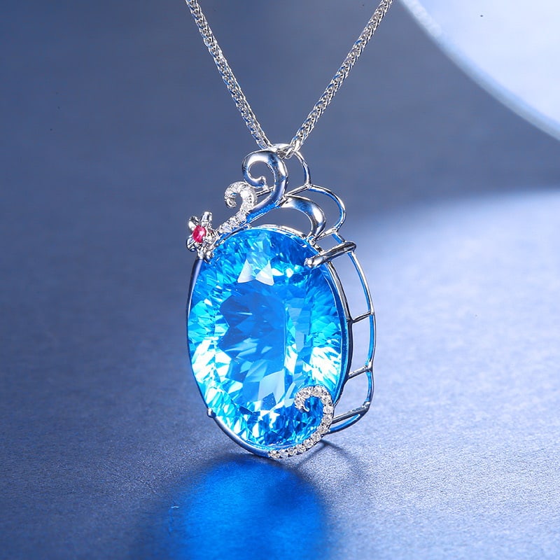 14k Gold 22.02 Ct Natural Topaz & Diamond & Ruby Pendant( Without Chain ) - 2