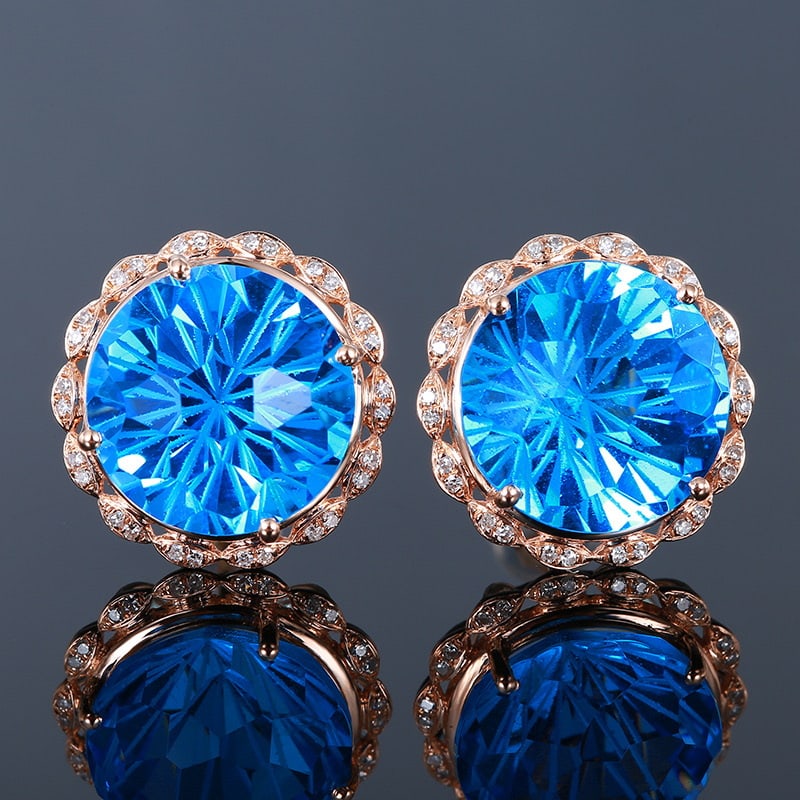 14k Gold 18.67 Ct Natural Topaz & Diamond Earrings: Ref:231020164 // gold content:14k gold // main gemstone:topaz // shape:round // carat weight:18. 67ct // color:blue // treatment:natural // cut grade:g // // adjacent gemstone 2 : diamond //