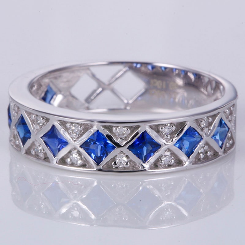 14k Gold 1.1 Ctw Natural Sapphire & Diamond Ring: Ref:231020168 // gold content:14k gold // ring size:7. 25us // // main gemstone:sapphire // shape:princess // carat weight:1ct // color:blue // treatment:natural // // adjacent gemstone 2 : diamond
