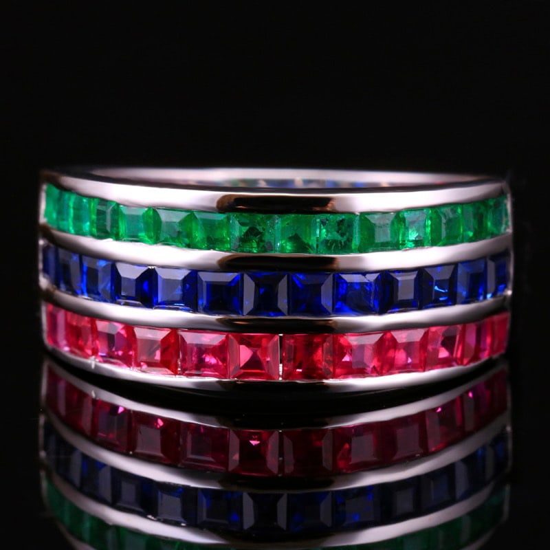 14k Gold 3.5 Ct Natural Ruby & Sapphire & Emerald Ring: Ref:231020171 // gold content:14k gold // ring size:7. 25us // // main gemstone:ruby & sapphire & emerald // shape:square // carat weight:3. 5ct // color:color // treatment:natural // High Estimate: