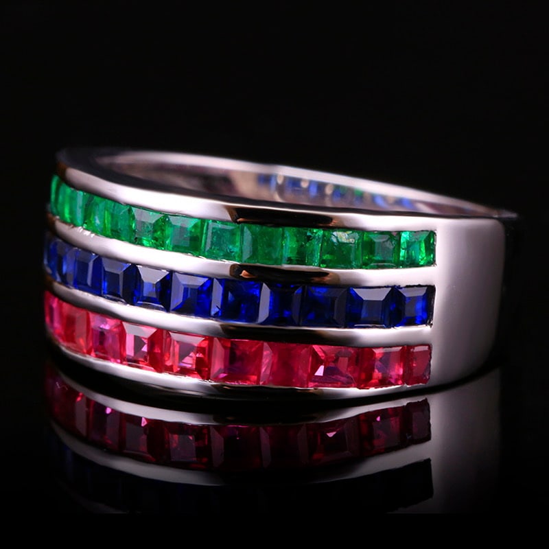 14k Gold 3.5 Ct Natural Ruby & Sapphire & Emerald Ring - 2