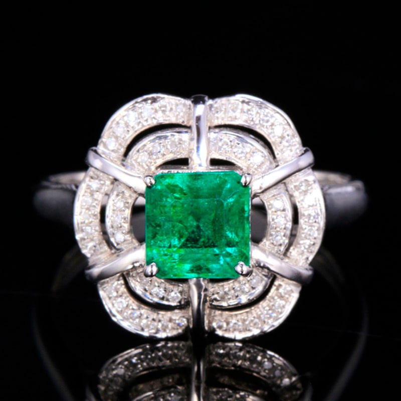 14k Gold 1.47 Ctw Vivid Green Natural Emerald & Diamond Ring: Ref:231020172 // gold content:14k gold // ring size:7. 25us // // main gemstone:emerald // shape:octagonal // carat weight:1. 31ct // color:vivid green // treatment:natural // // adjacent gemstone 2