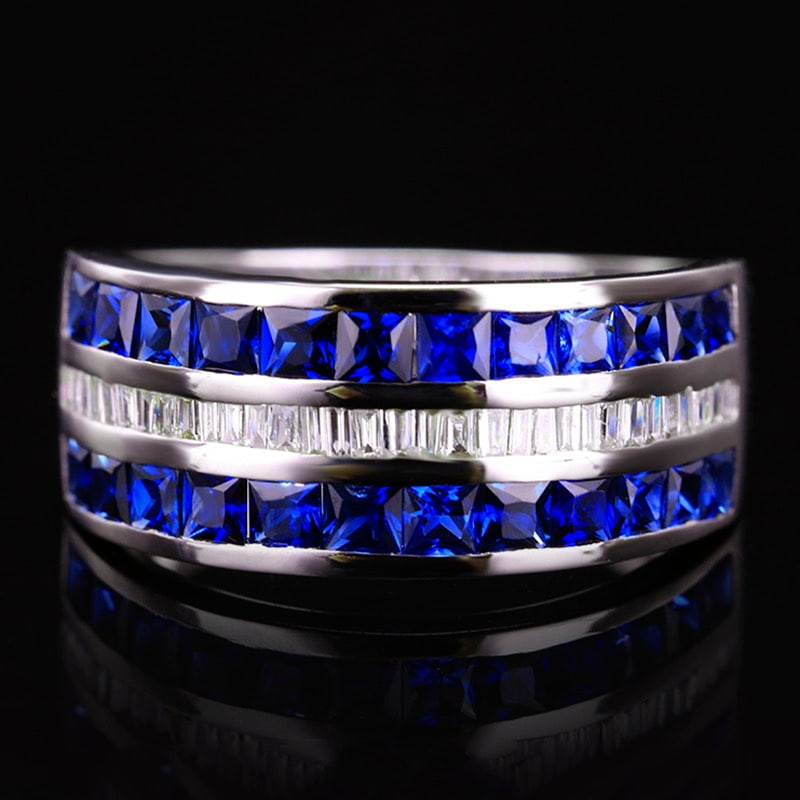 14k Gold 1.87 Ctw Natural Sapphire & Diamond Ring: Ref:231020176 // gold content:14k gold // ring size:7. 25us // // main gemstone:sapphire // shape:princess // carat weight:1. 68ct // color:blue // treatment:natural // // adjacent gemstone 2 :