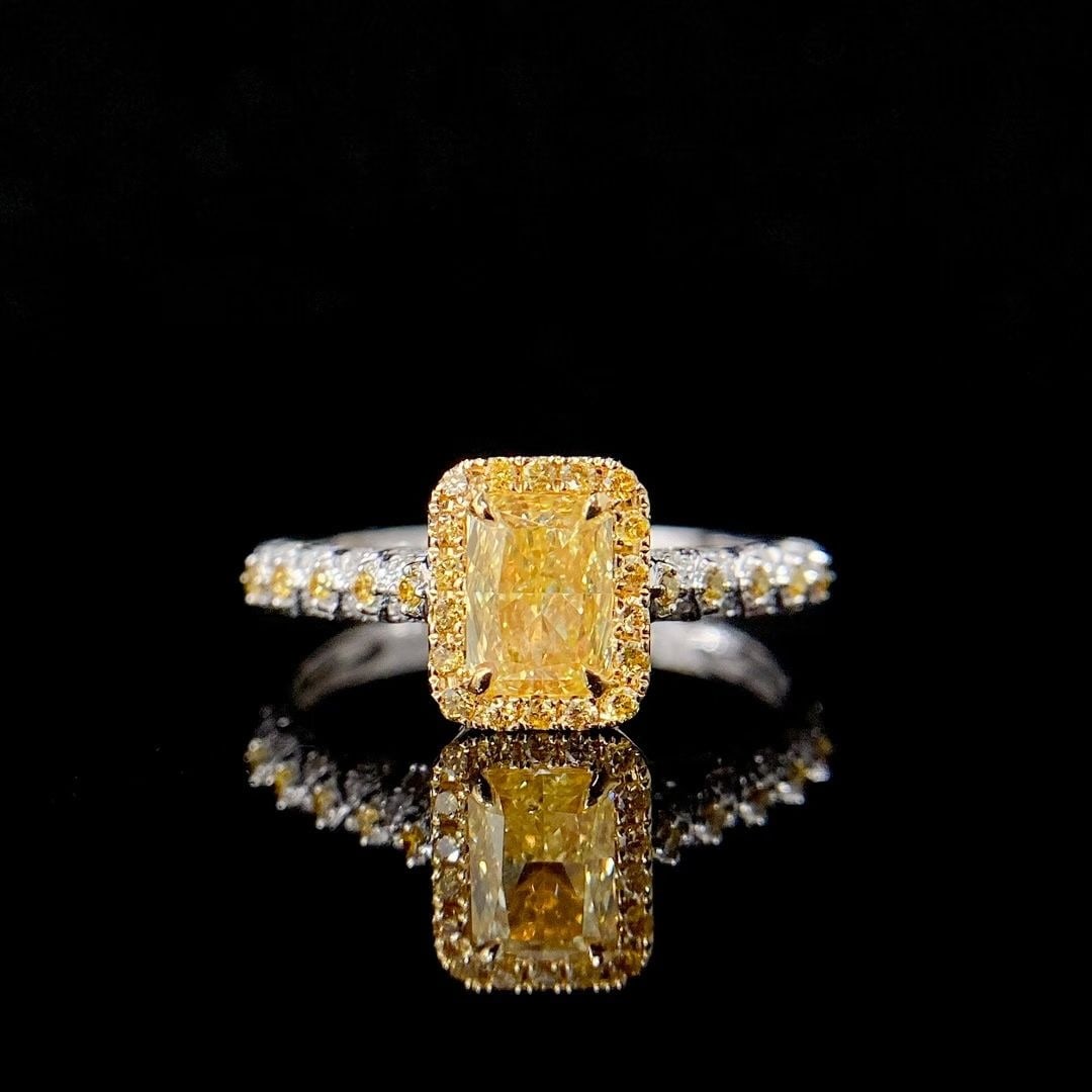 14k Gold 0.97 Ctw Natural Yellow Diamond & Diamond Ring: Ref:231020180 // gold content:14k gold // ring size:7. 25us // // main gemstone:yellow diamond // shape:cushion // carat weight:0. 7ct // color:yellow // treatment:natural // // adjacent gemstone 2 : 