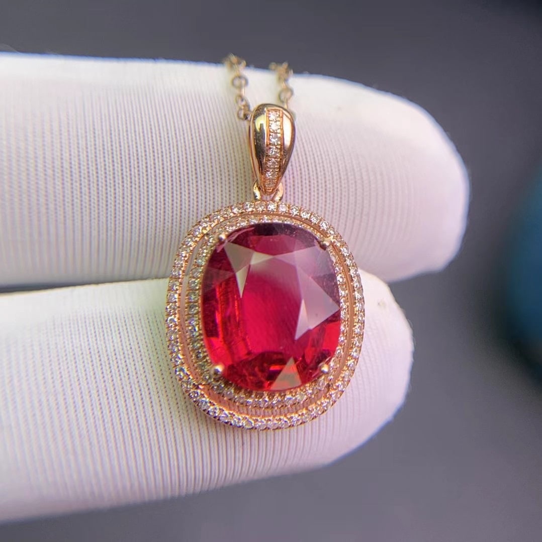 14k Gold 3.4 Ct Natural Tourmaline & Diamond Pendant( Without Chain ) - 3