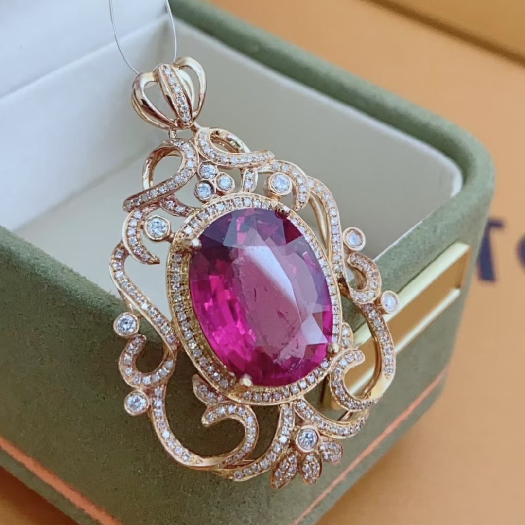 14k Gold 8.7 Ct Natural Tourmaline & Diamond Pendant( Without Chain ) - 2