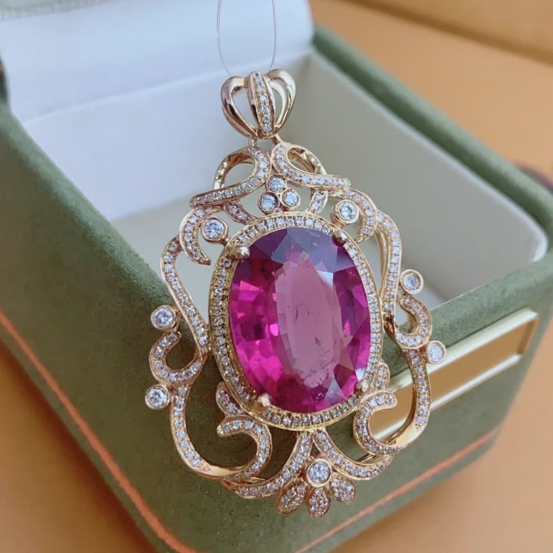 14k Gold 8.7 Ct Natural Tourmaline & Diamond Pendant( Without Chain ) - 3
